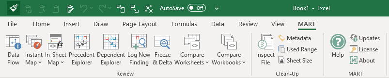 MART toolbar in the Excel ribbon, with Review, Clean-Up, and MART command groups